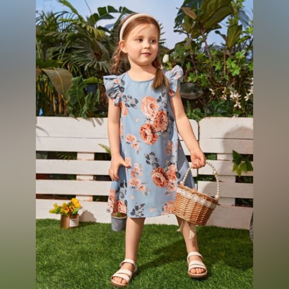 SHEIN Blue and Orange Floral Kids Dress